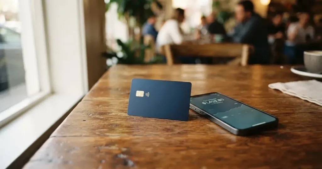 A payment card next to a phone with a crypto wallet app open