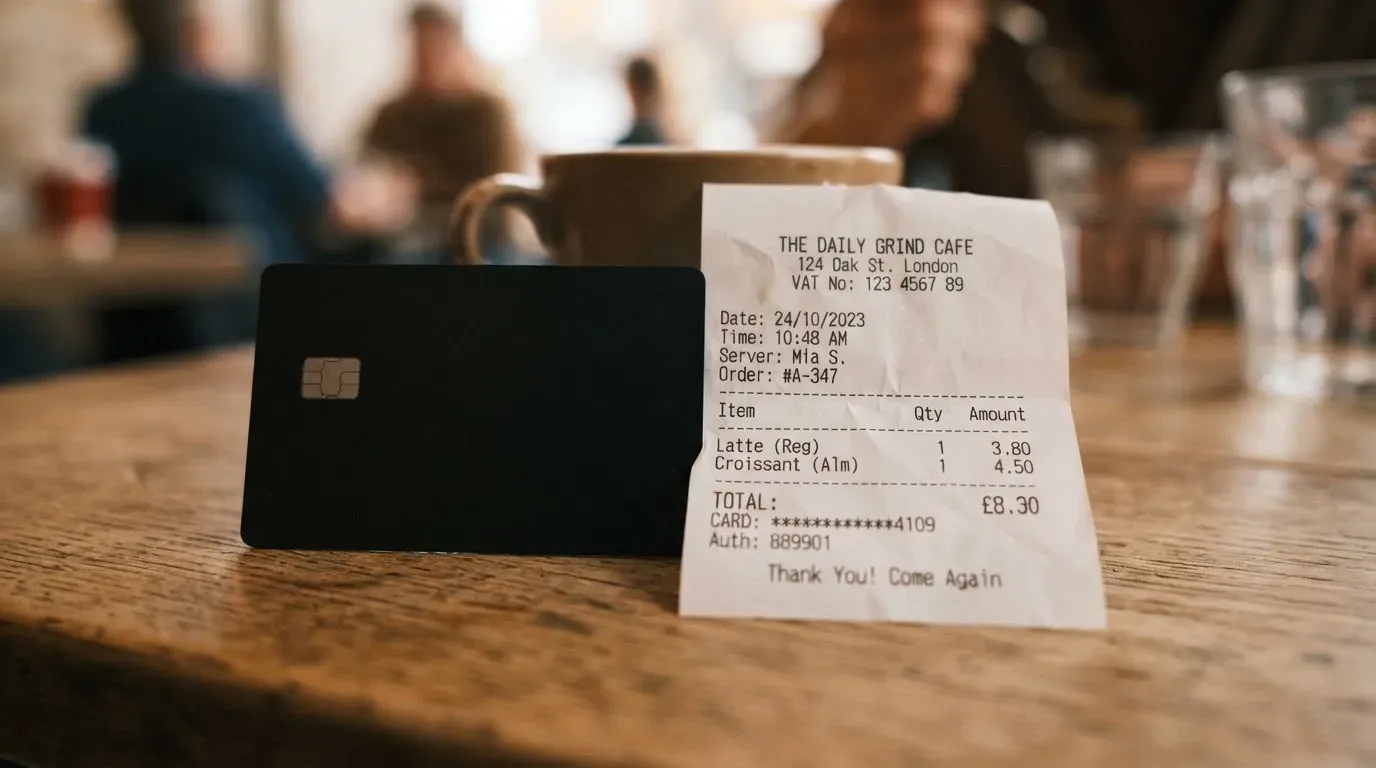 A receipt and a card on a café table
