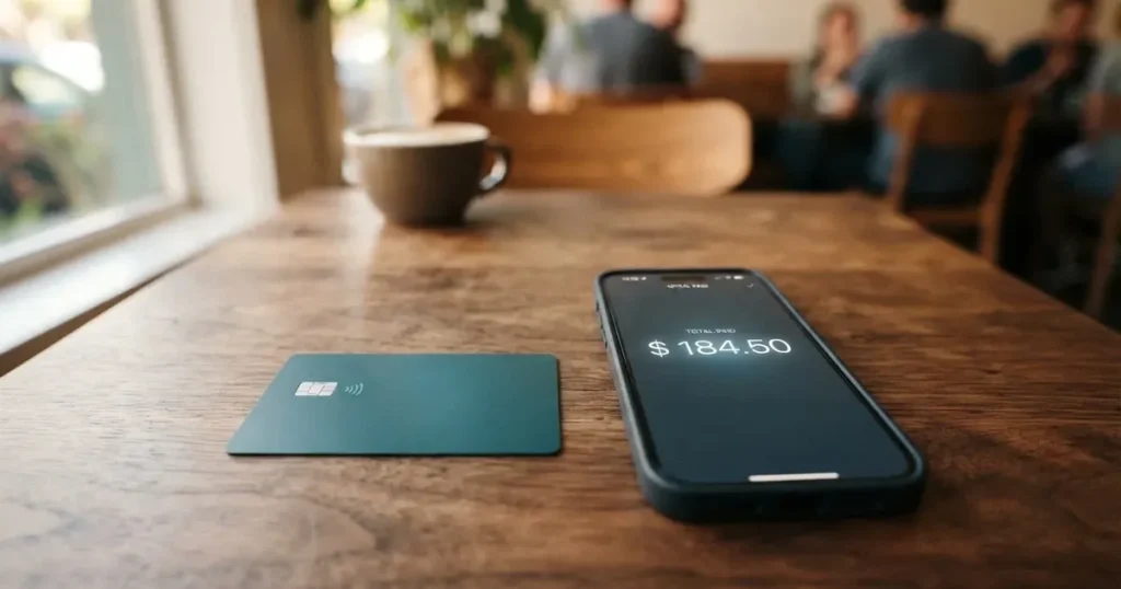 A payment card next to a phone with a crypto wallet app open