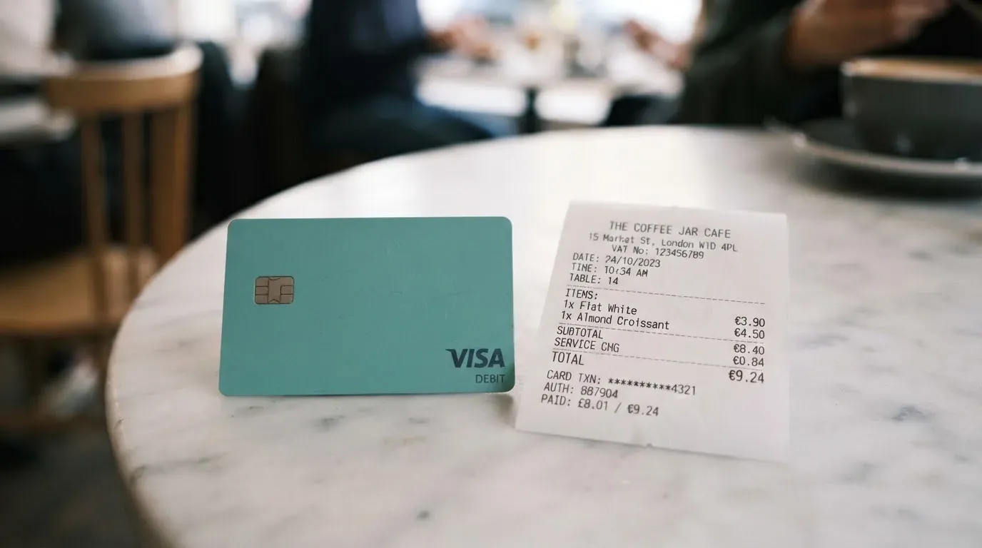 A receipt and a card on a café table