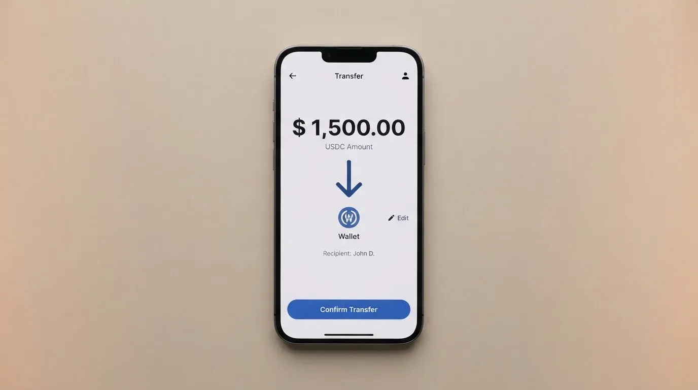 A phone showing a stablecoin transfer screen