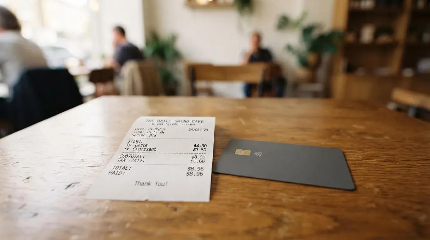A receipt and a card on a café table