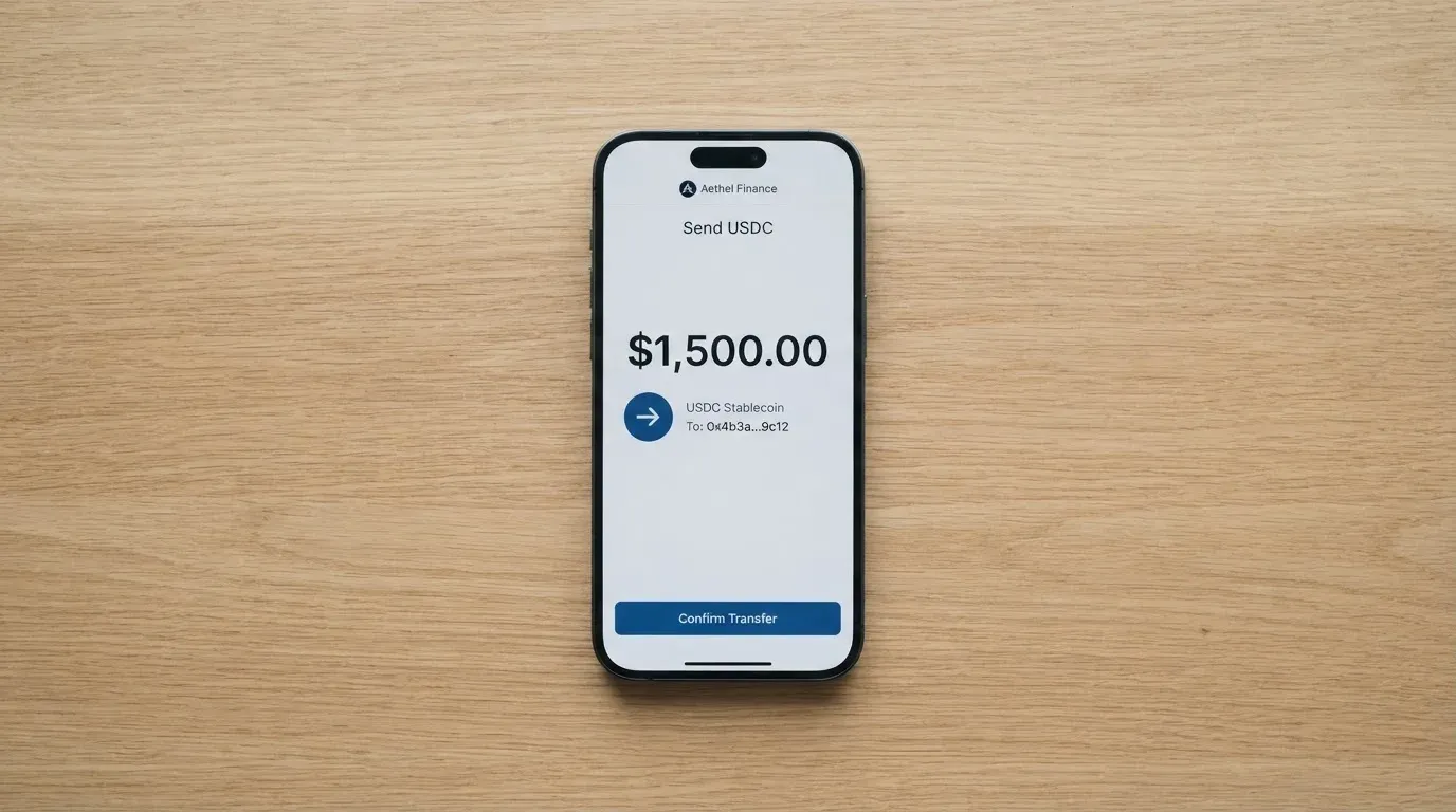 A phone showing a stablecoin transfer screen