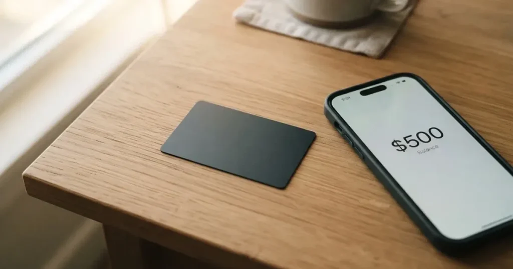 A payment card next to a phone with a crypto wallet app open
