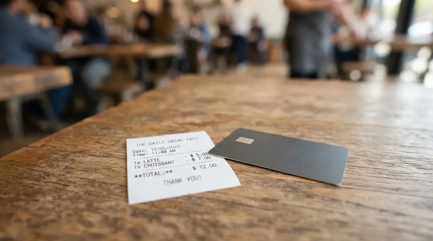 A receipt and a card on a café table