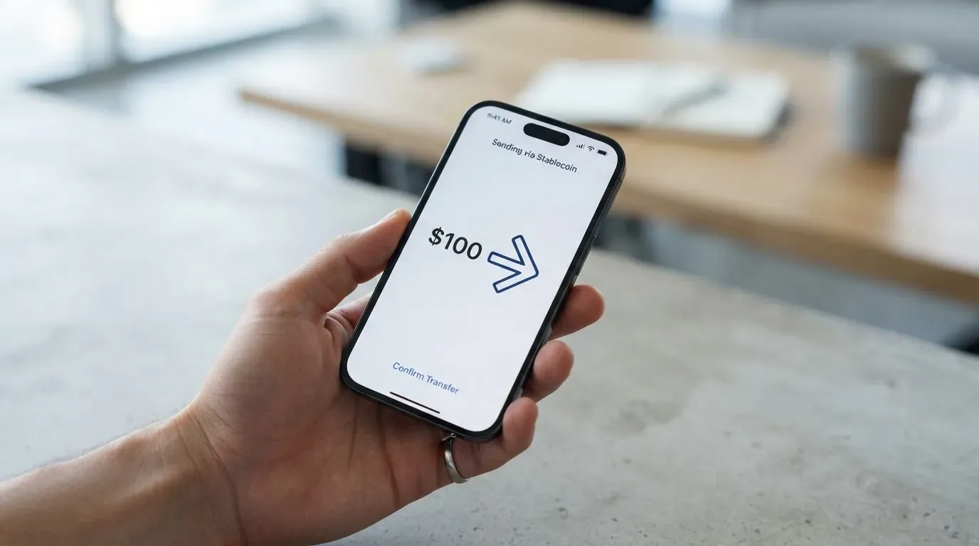 A phone showing a stablecoin transfer screen