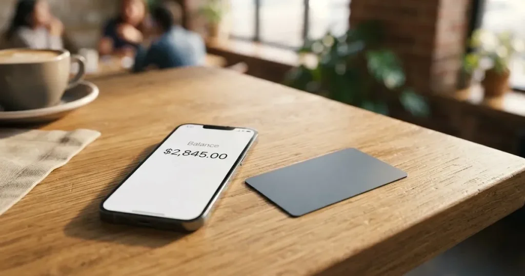 A payment card next to a phone with a crypto wallet app open