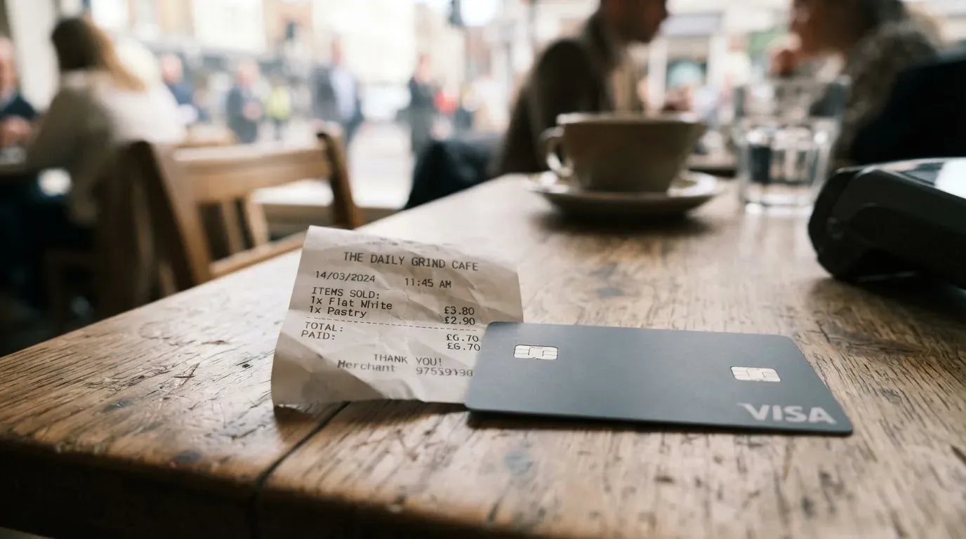 A receipt and a card on a café table