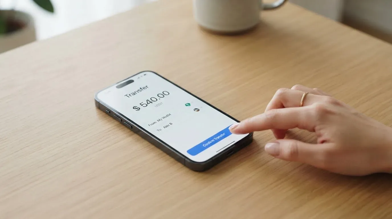 A phone showing a stablecoin transfer screen