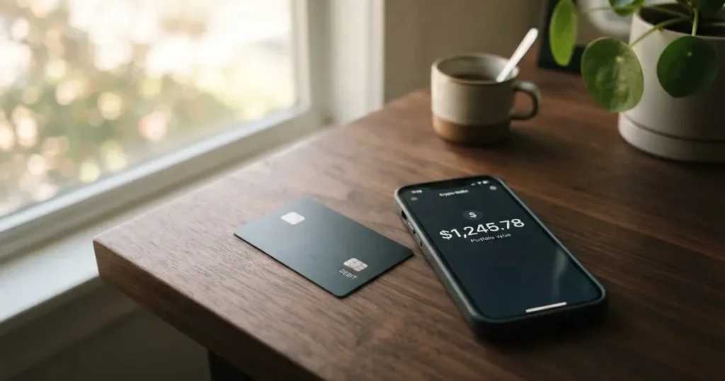 A payment card next to a phone with a crypto wallet app open