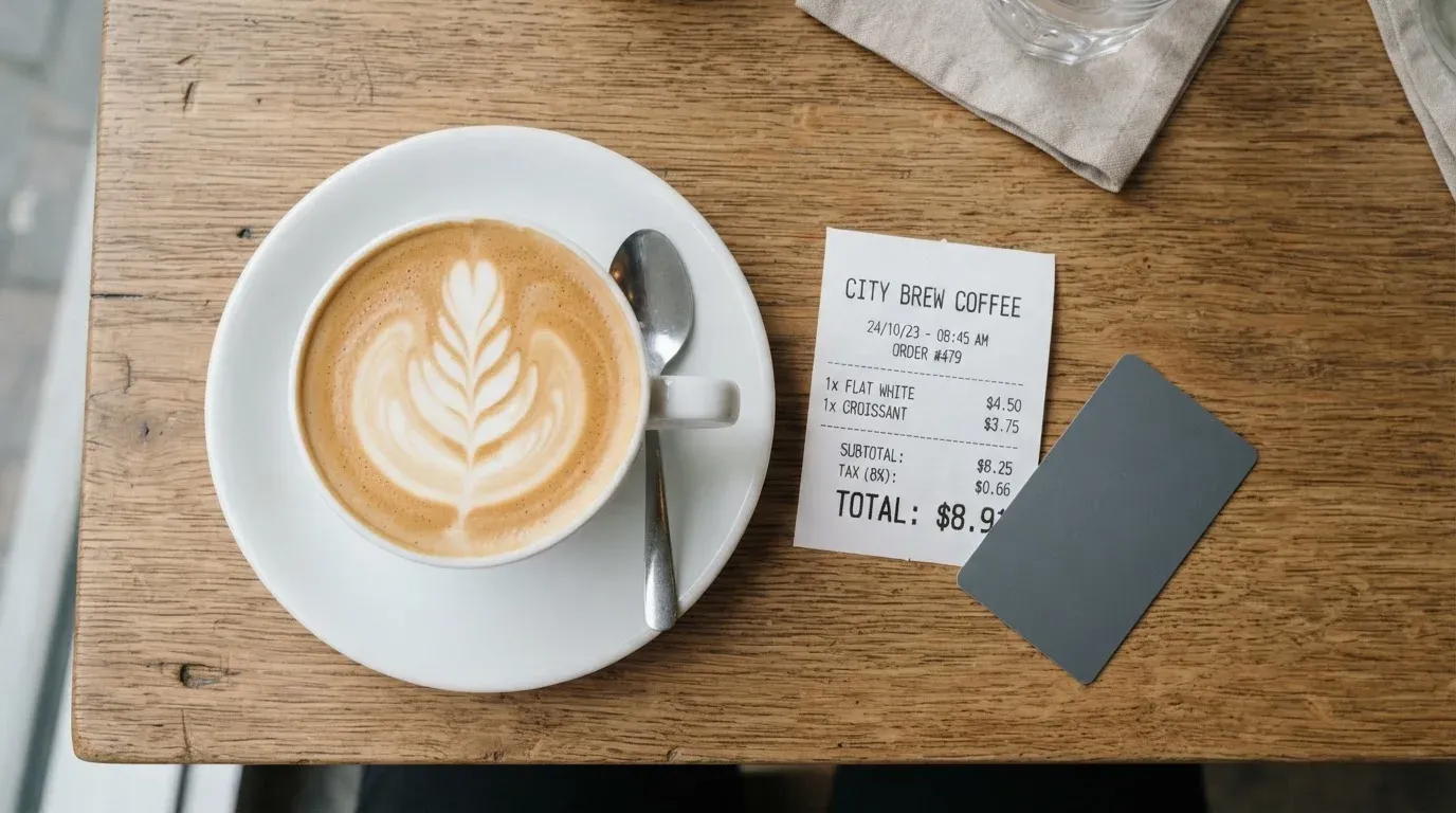 A receipt and a card on a café table