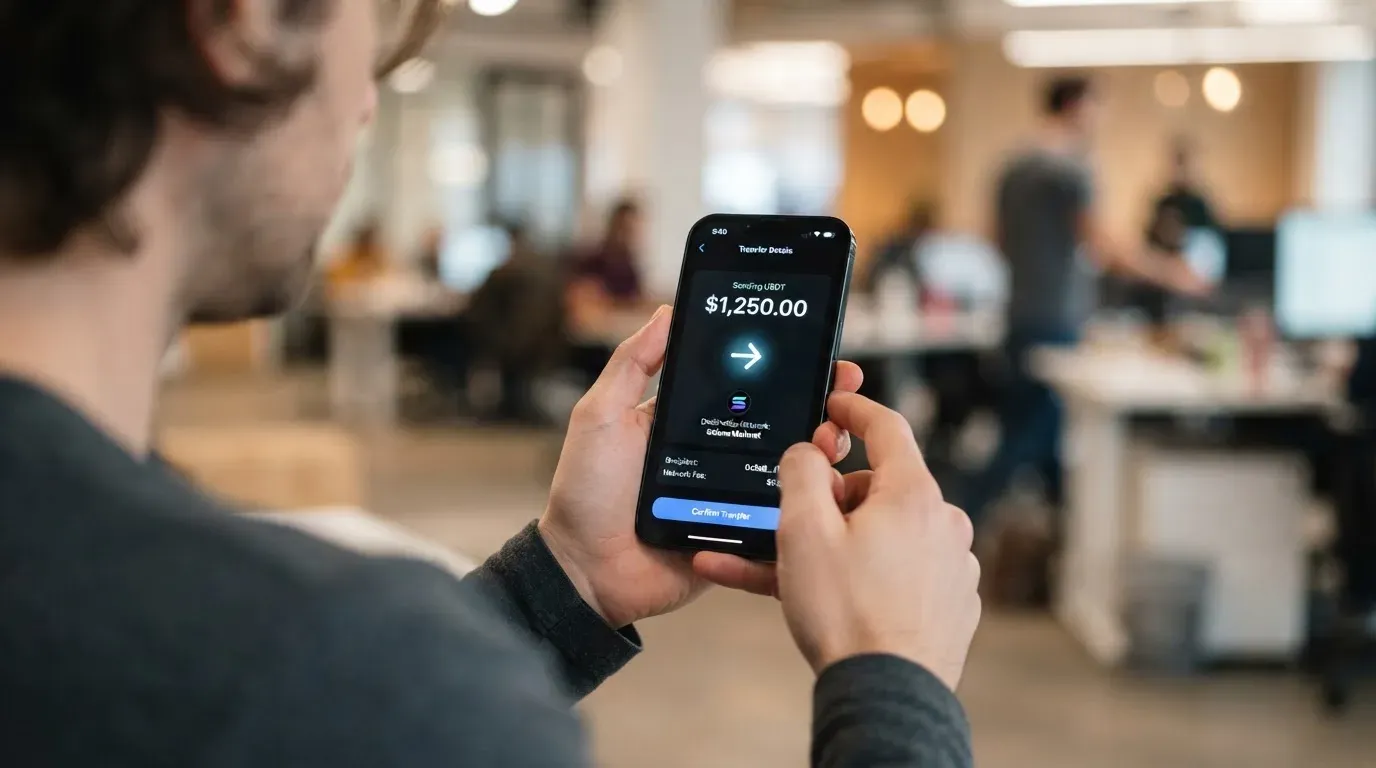 A phone showing a stablecoin transfer screen