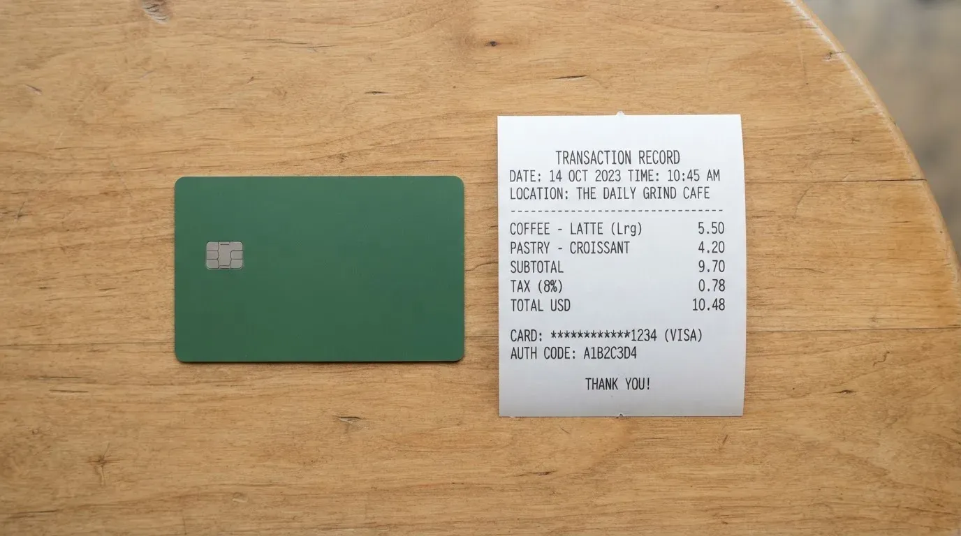 A receipt and a card on a café table
