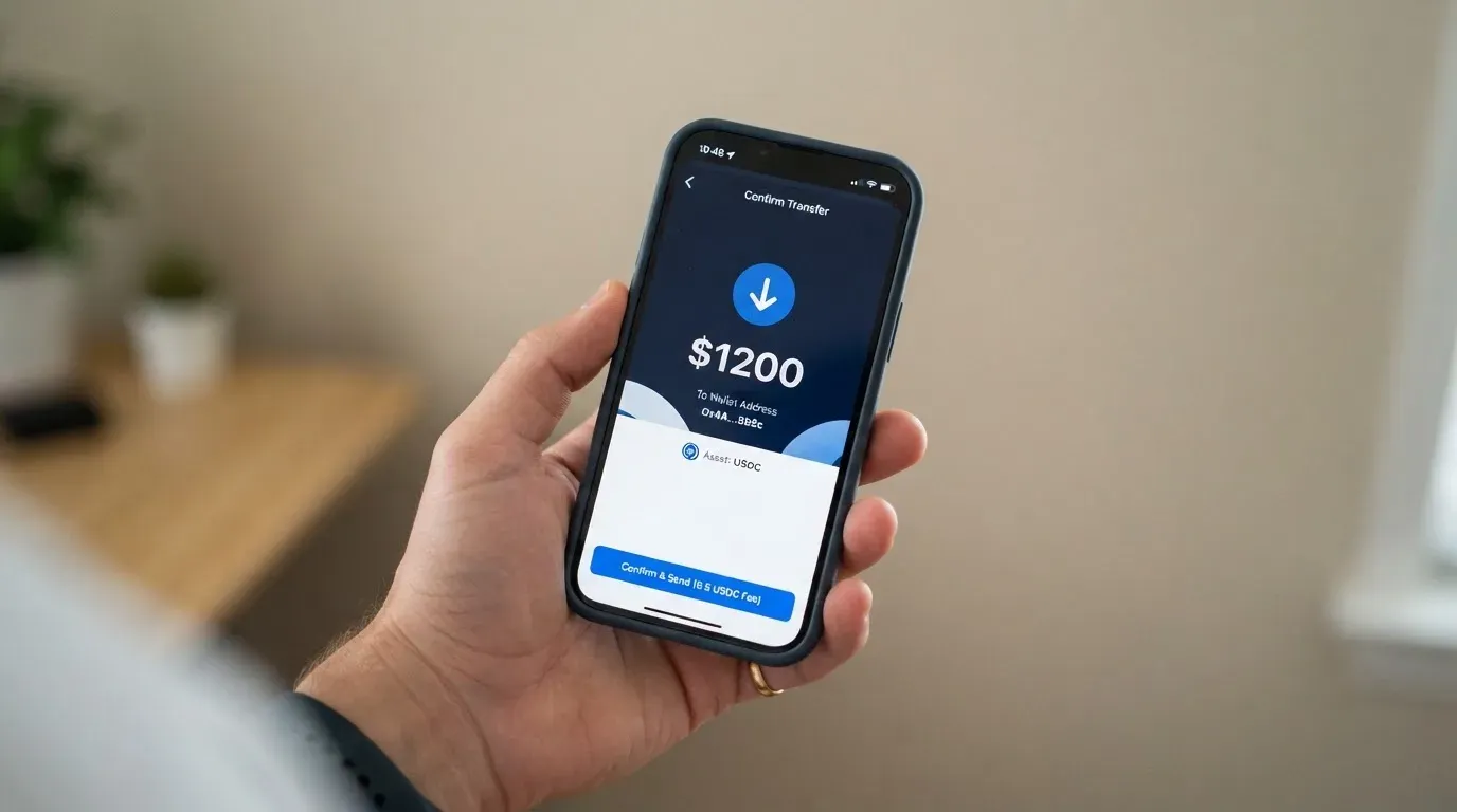 A phone showing a stablecoin transfer screen