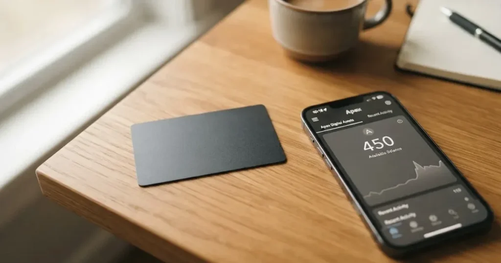 A payment card next to a phone with a crypto wallet app open