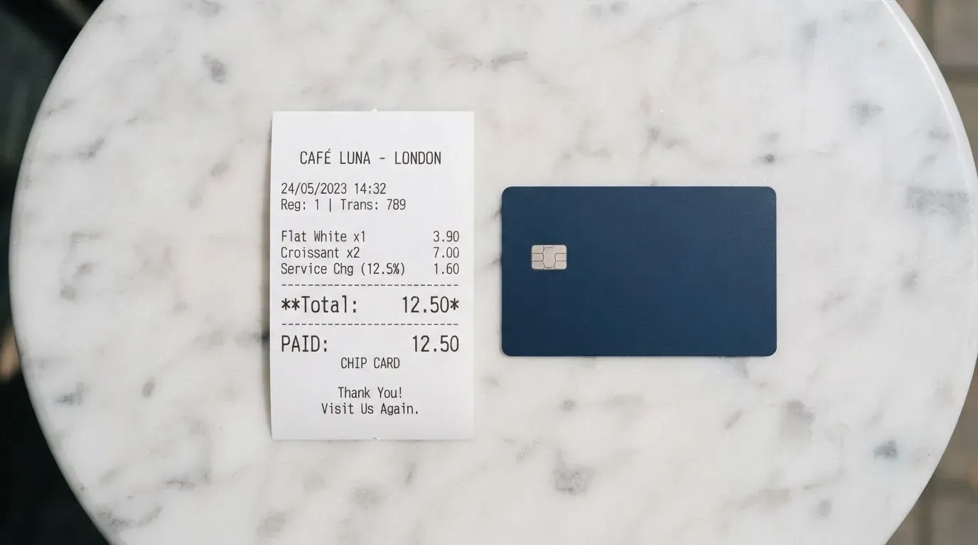 A receipt and a card on a café table