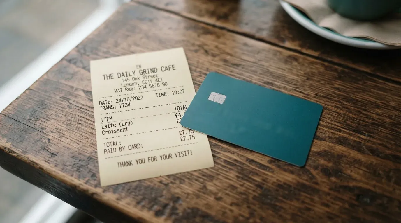A receipt and a card on a café table