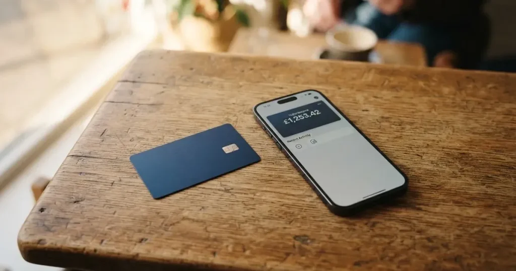 A payment card next to a phone with a crypto wallet app open