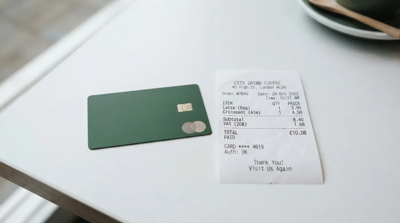A receipt and a card on a café table