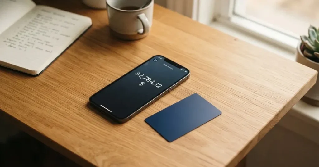 A payment card next to a phone with a crypto wallet app open
