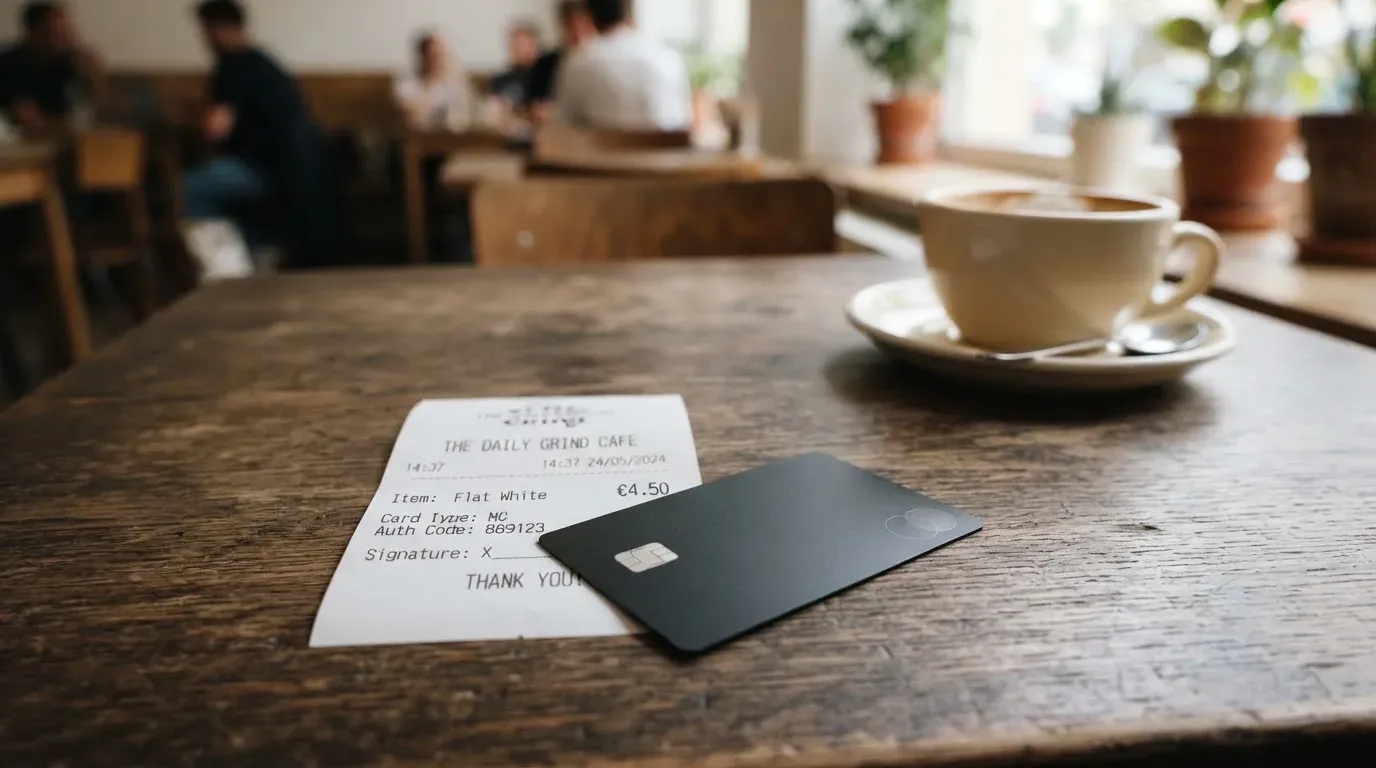 A receipt and a card on a café table