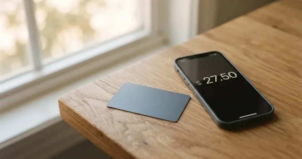 A payment card next to a phone with a crypto wallet app open