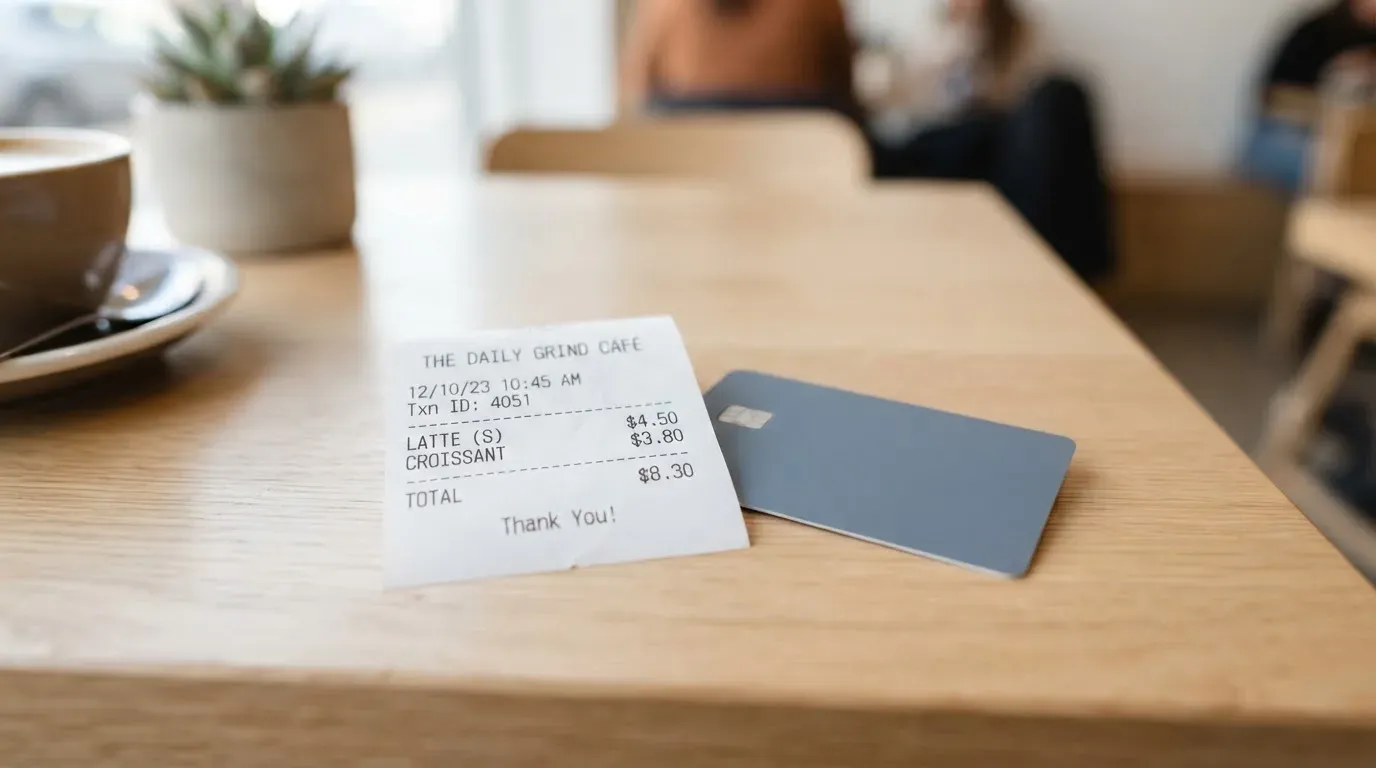 A receipt and a card on a café table