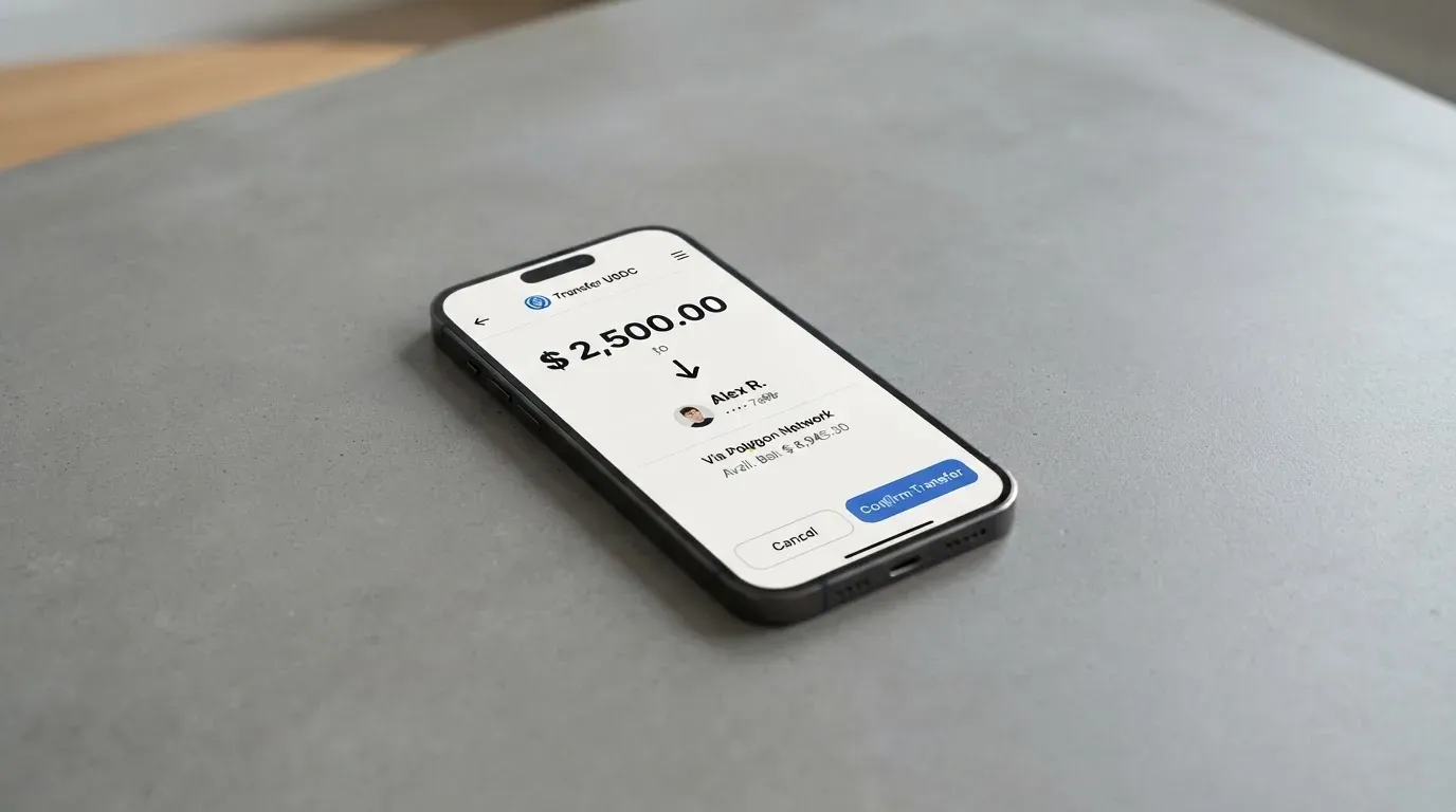A phone showing a stablecoin transfer screen