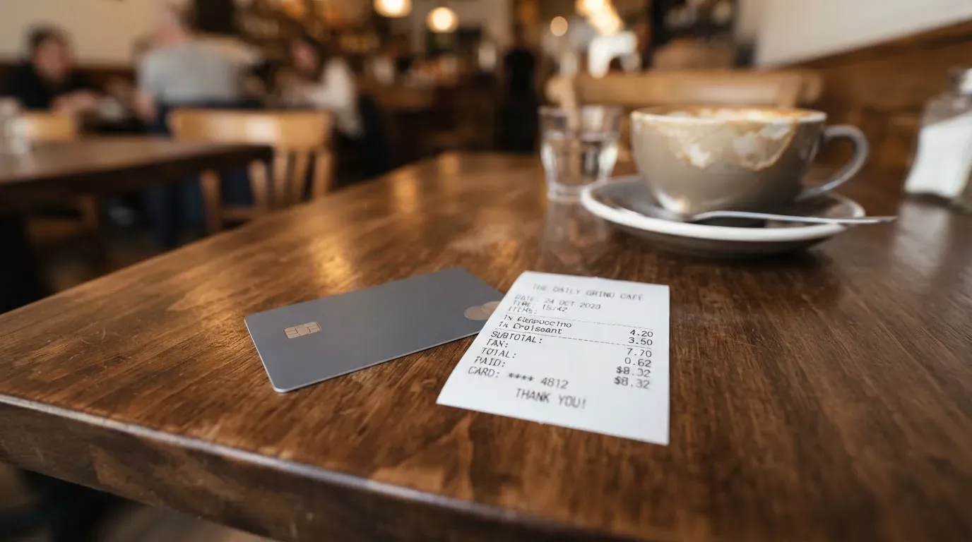 A receipt and a card on a café table