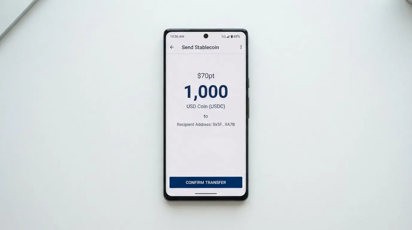 A phone showing a stablecoin transfer screen