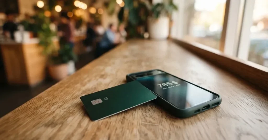 A payment card next to a phone with a crypto wallet app open