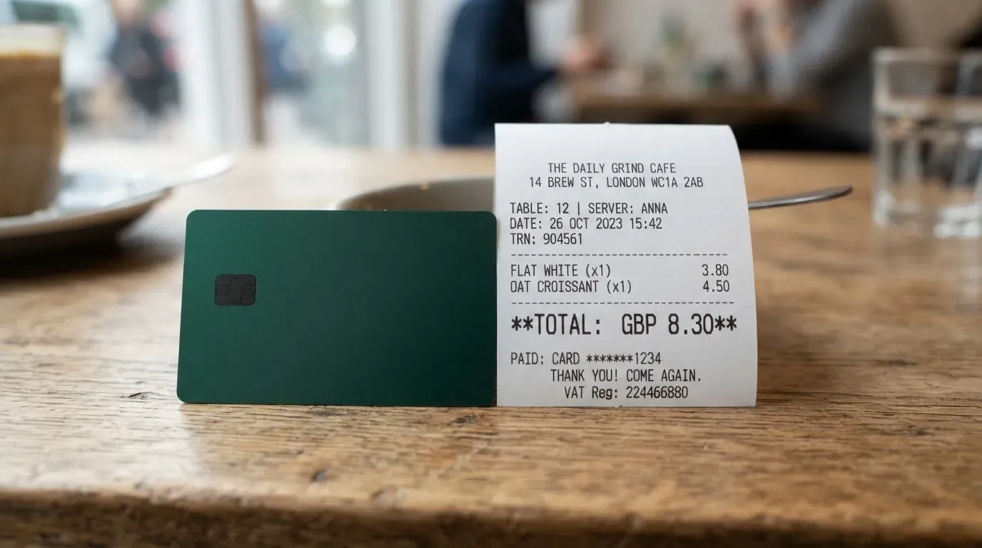 A receipt and a card on a café table