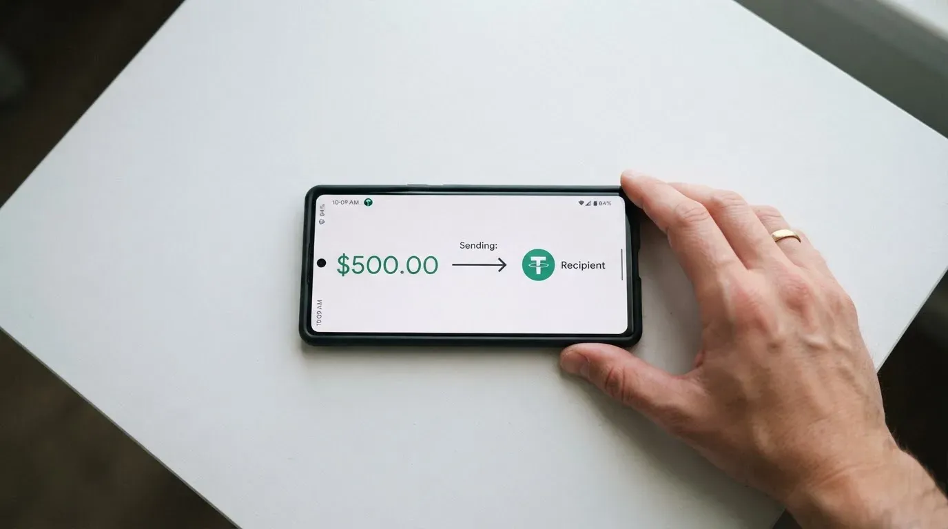 A phone showing a stablecoin transfer screen