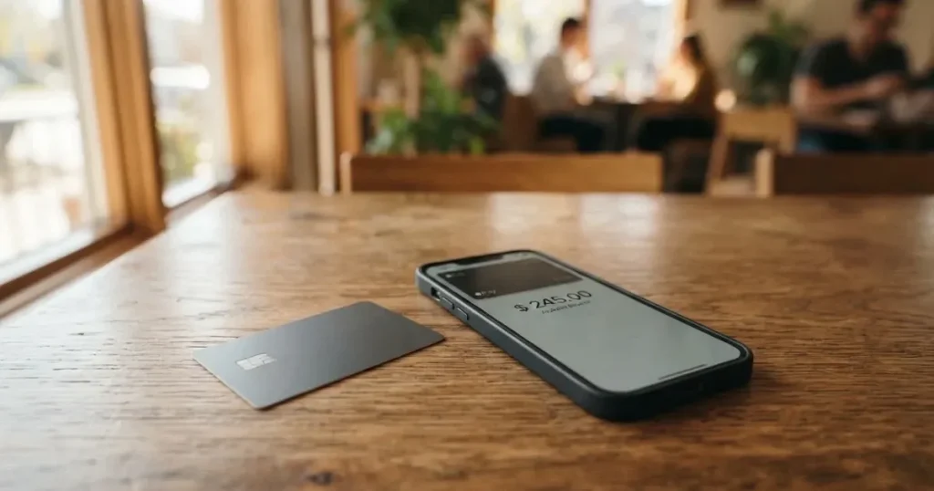 A payment card next to a phone with a crypto wallet app open