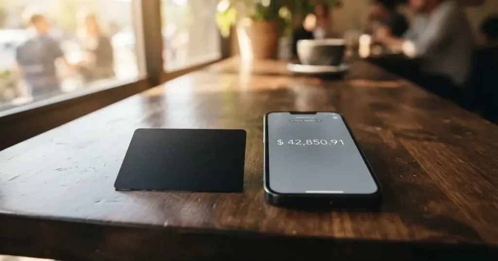 A payment card next to a phone with a crypto wallet app open