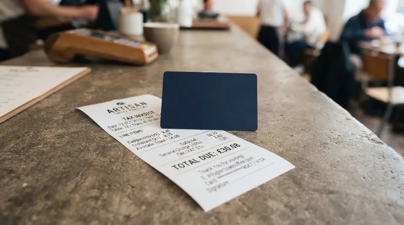 A receipt and a card on a café table
