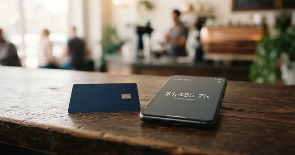 A payment card next to a phone with a crypto wallet app open