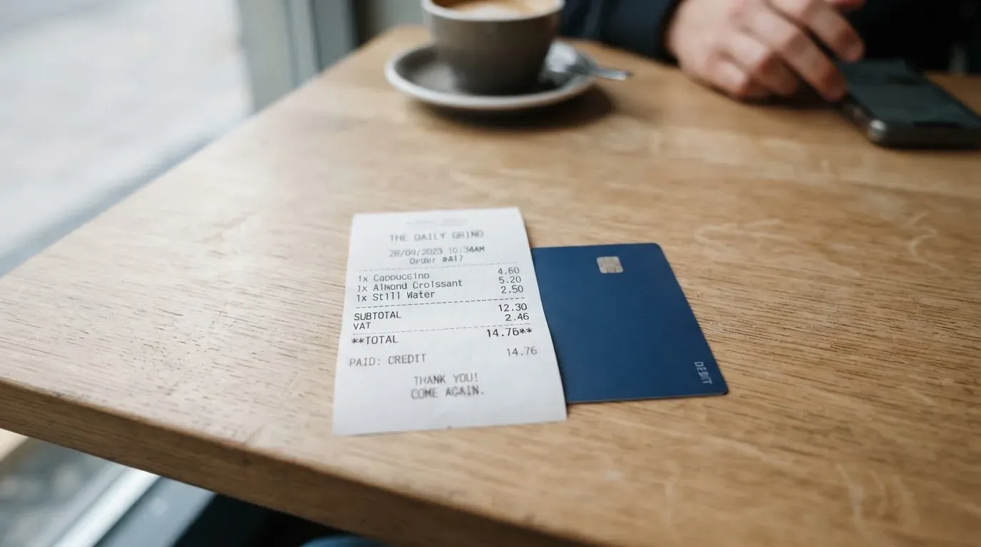 A receipt and a card on a café table