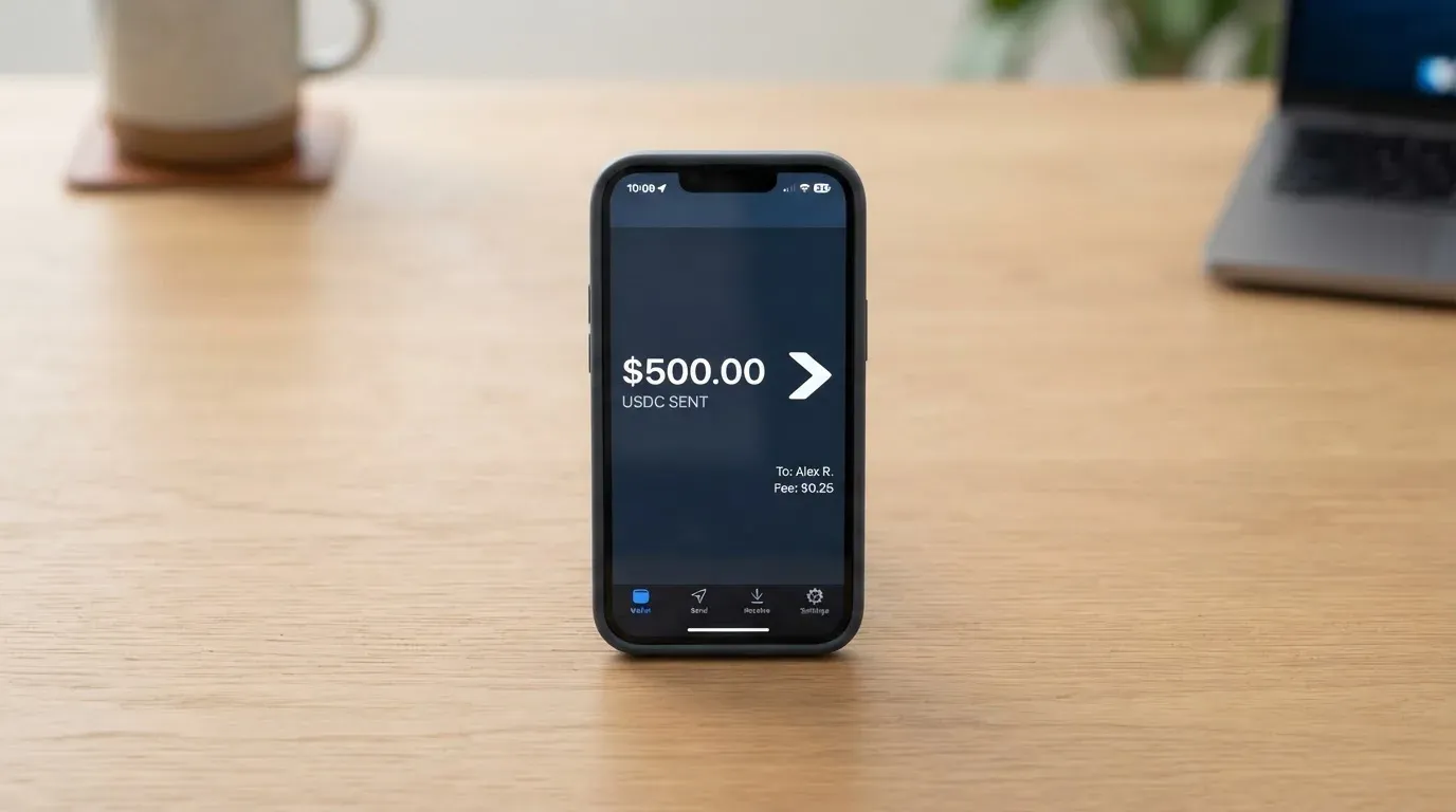 A phone showing a stablecoin transfer screen