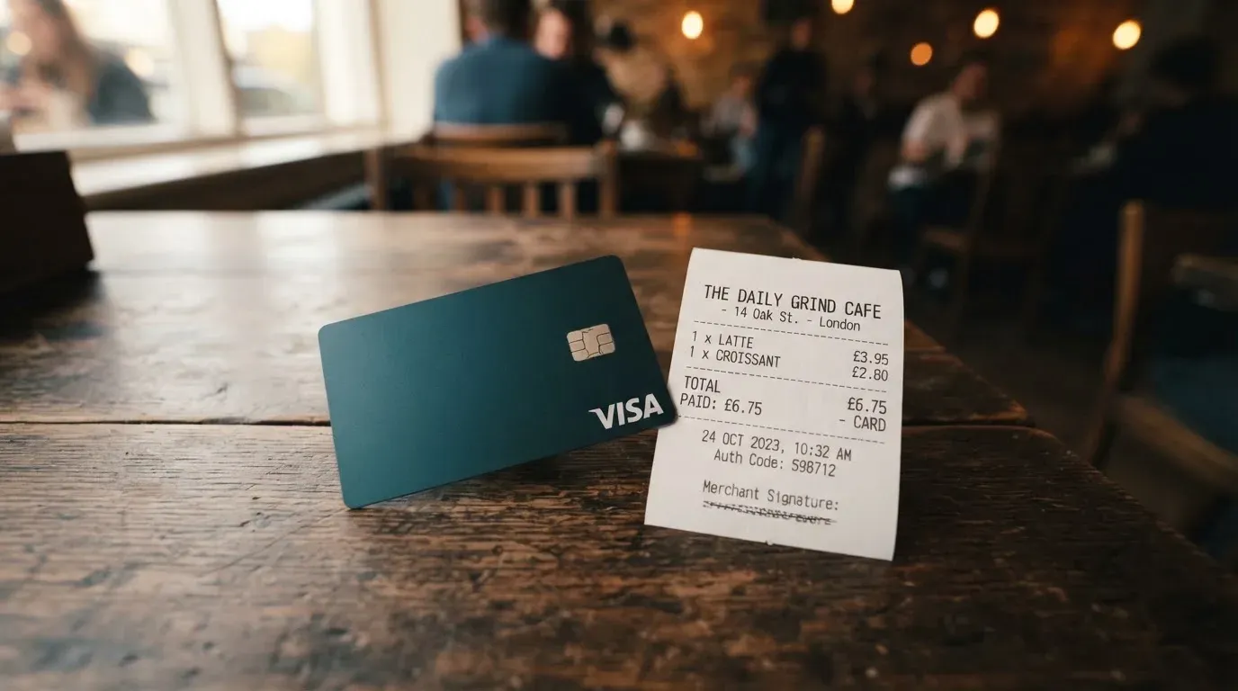 A receipt and a card on a café table