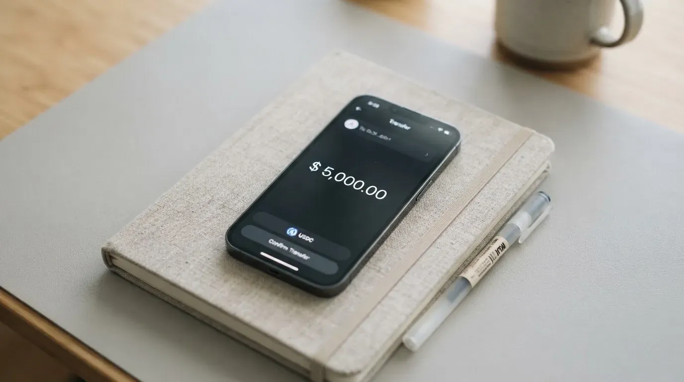 A phone showing a stablecoin transfer screen
