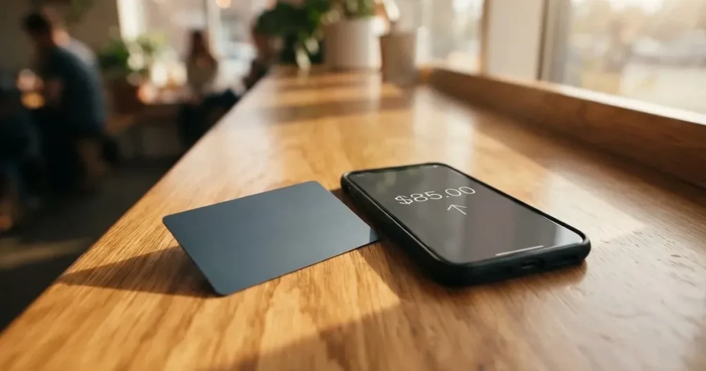 A payment card next to a phone with a crypto wallet app open