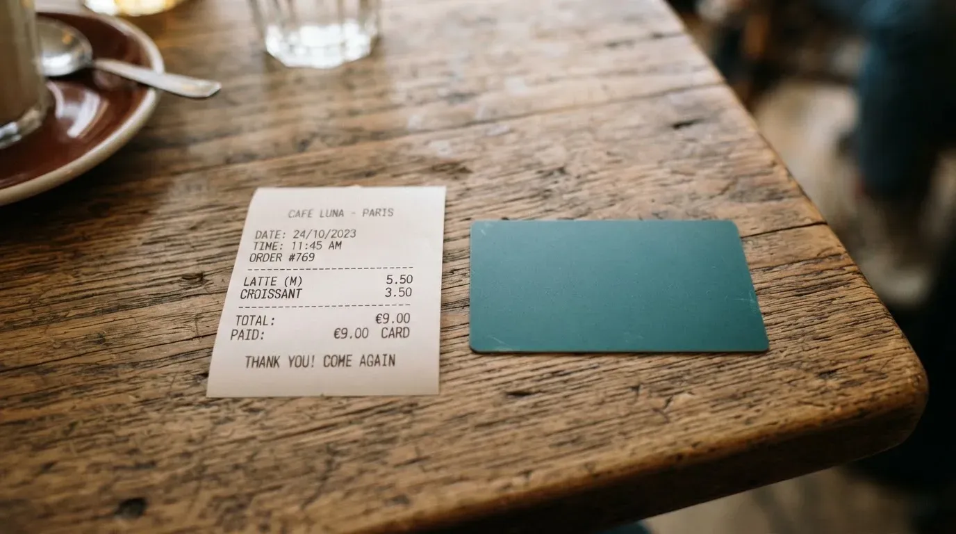 A receipt and a card on a café table