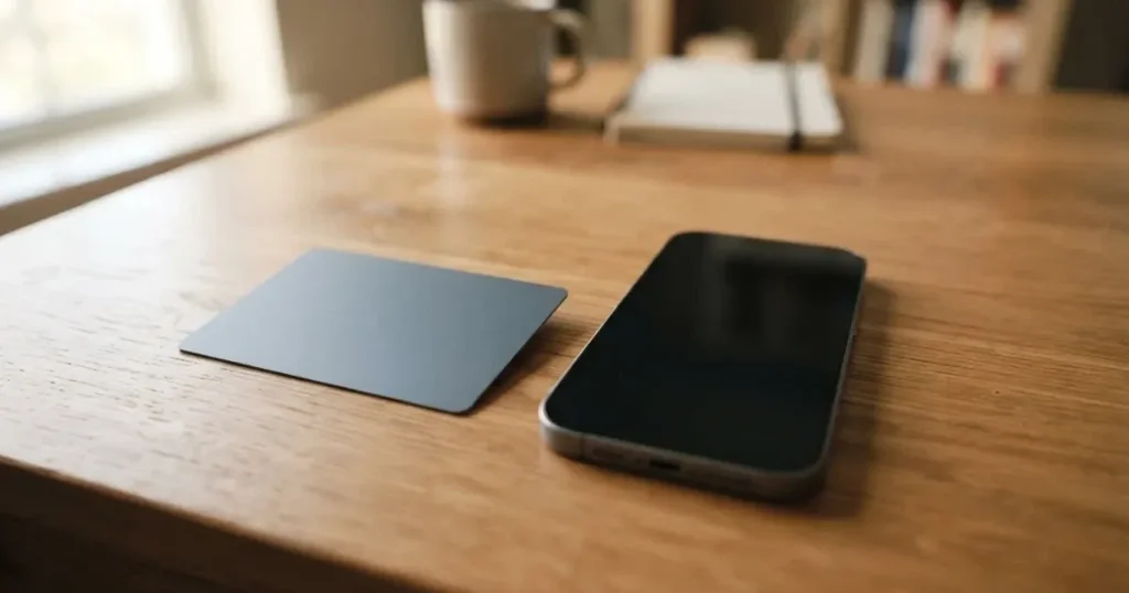 A payment card next to a phone with a crypto wallet app open