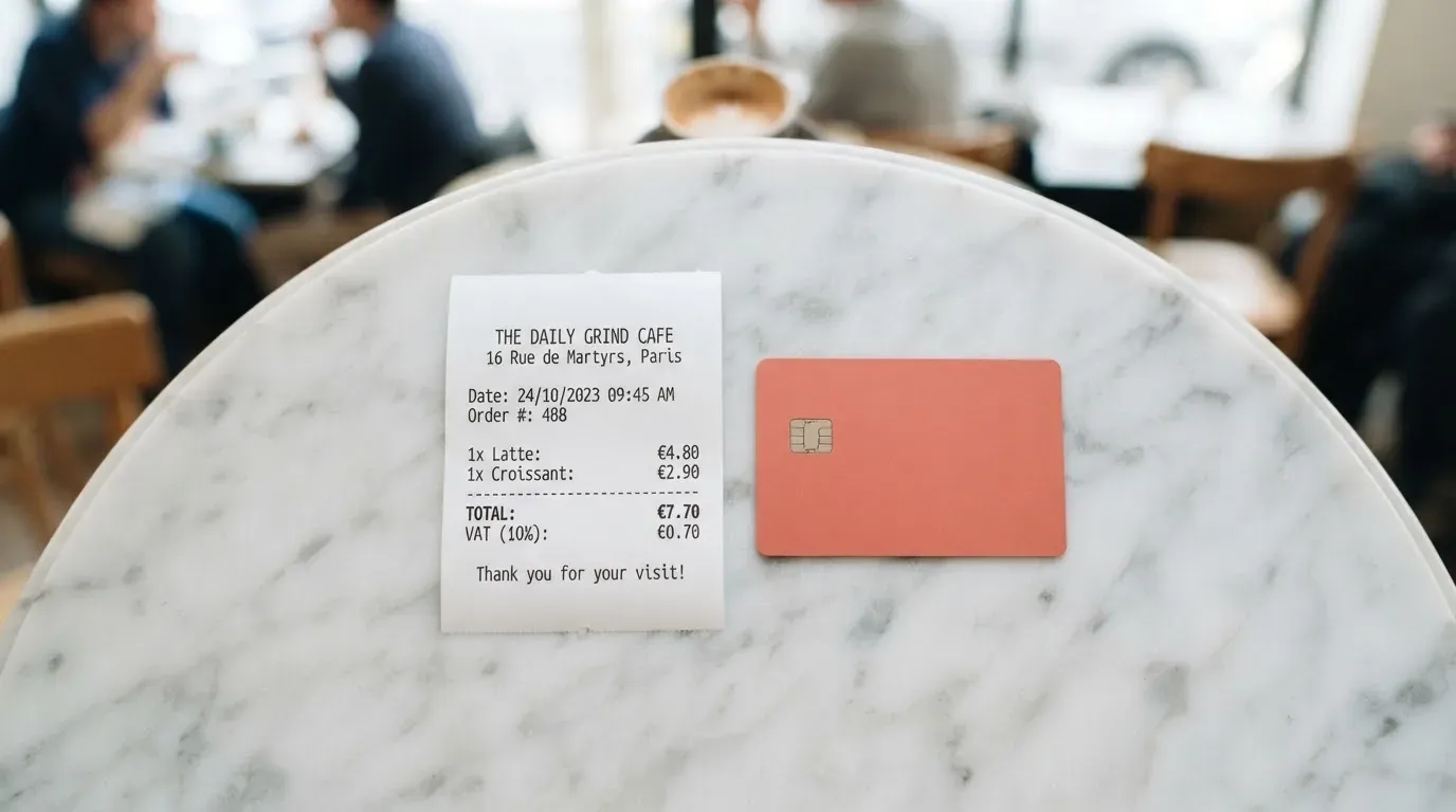 A receipt and a card on a café table