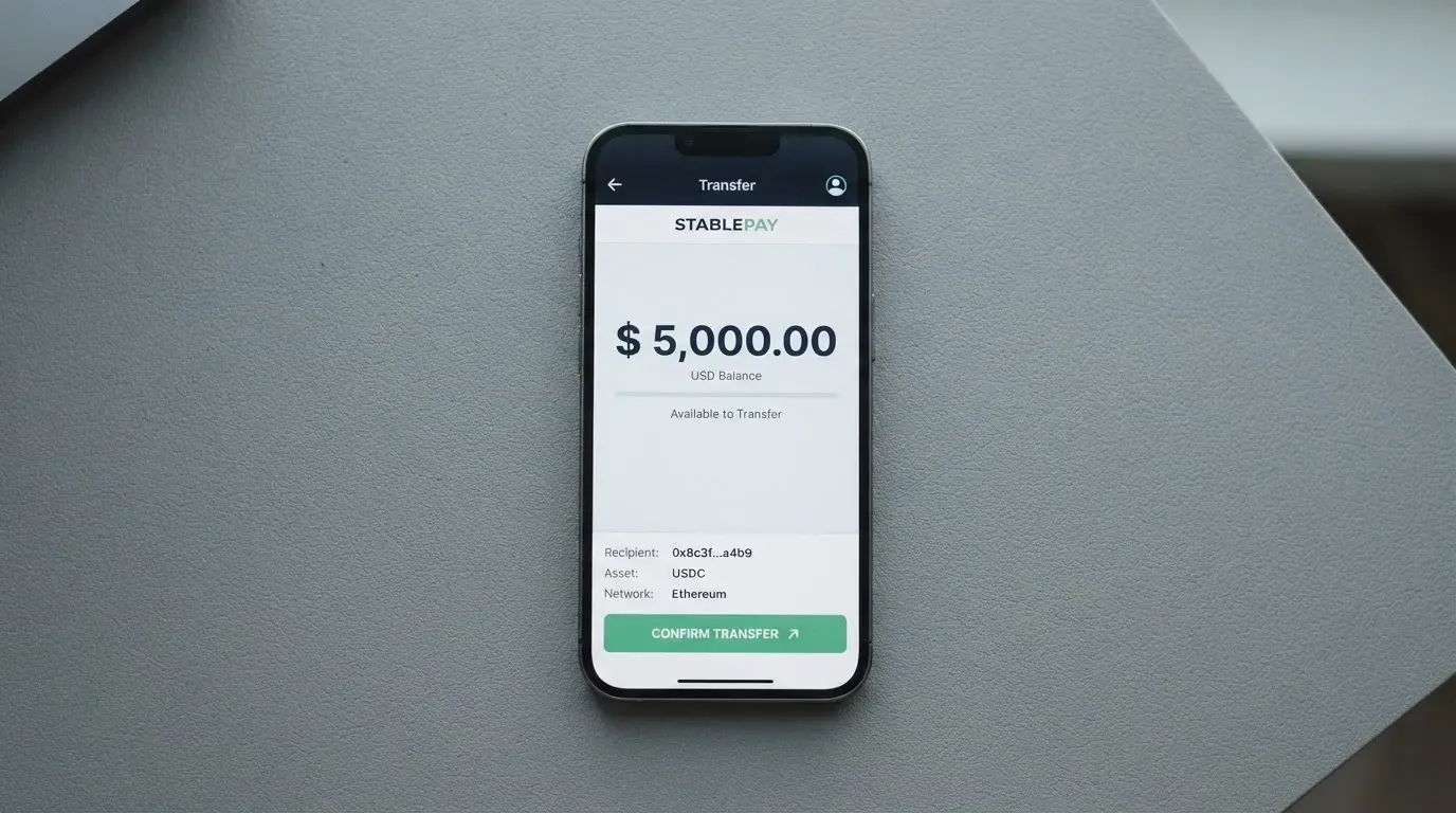 A phone showing a stablecoin transfer screen