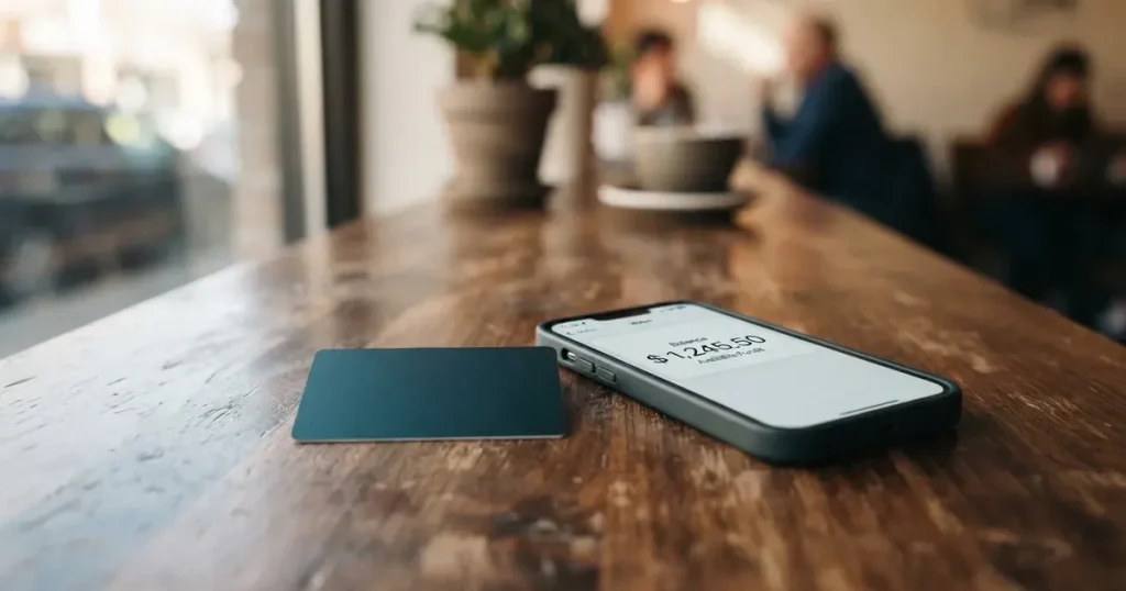 A payment card next to a phone with a crypto wallet app open