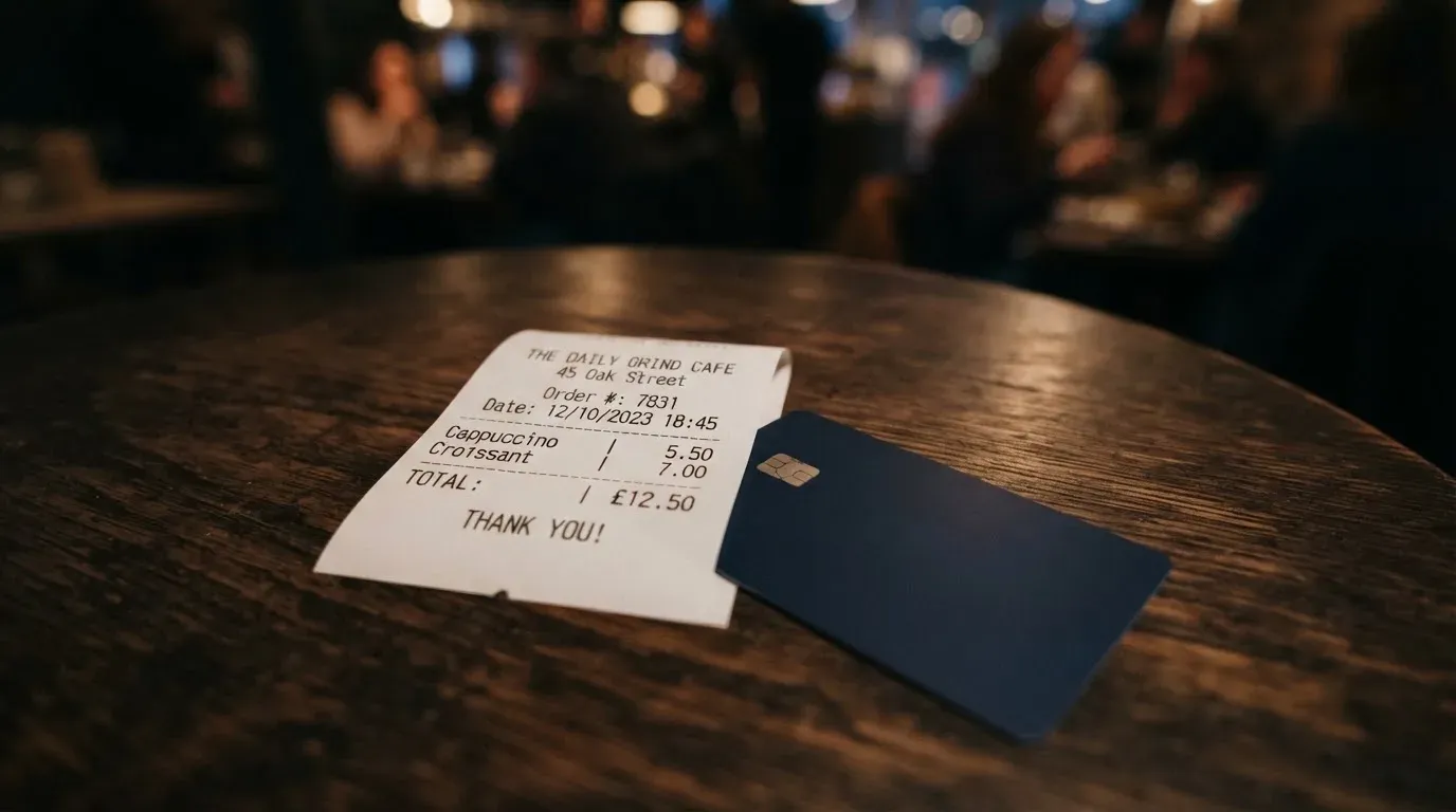 A receipt and a card on a café table