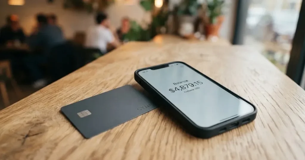 A payment card next to a phone with a crypto wallet app open