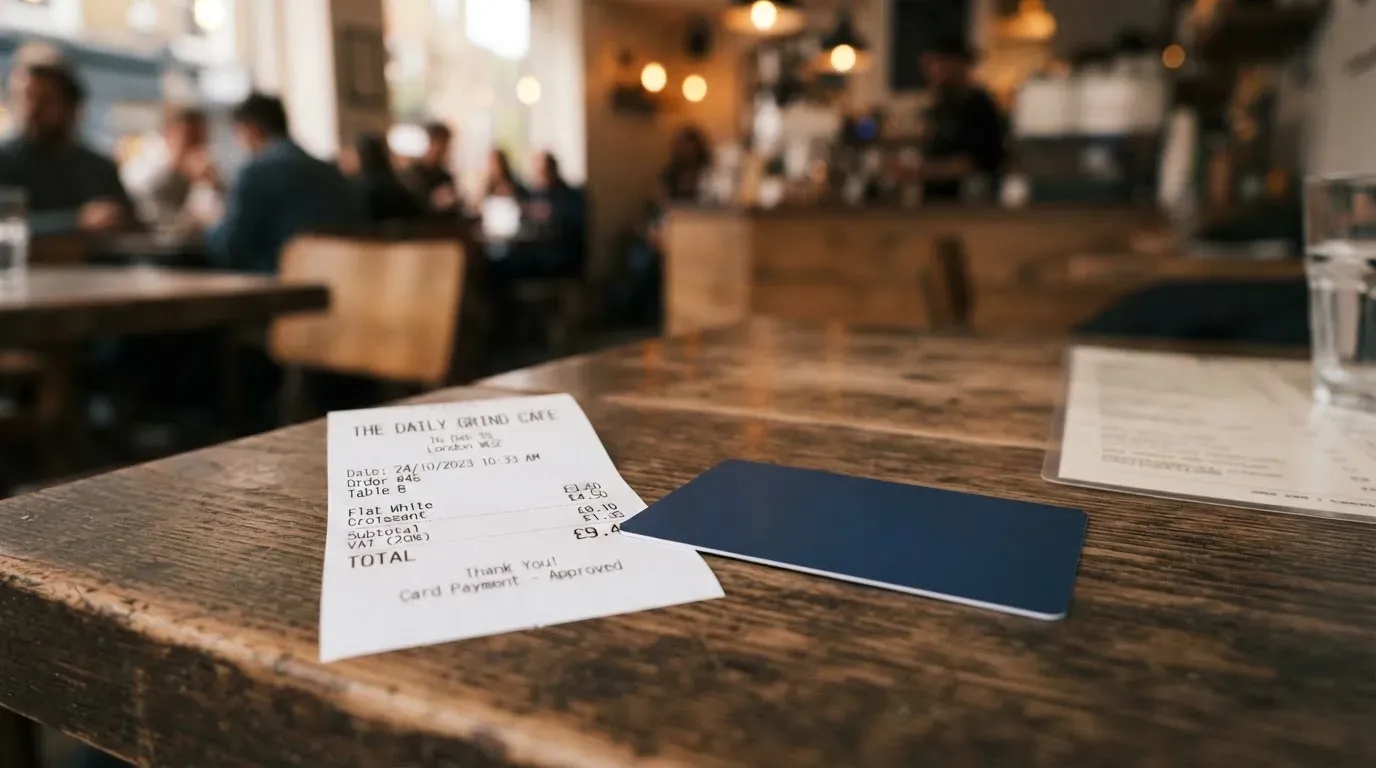 A receipt and a card on a café table
